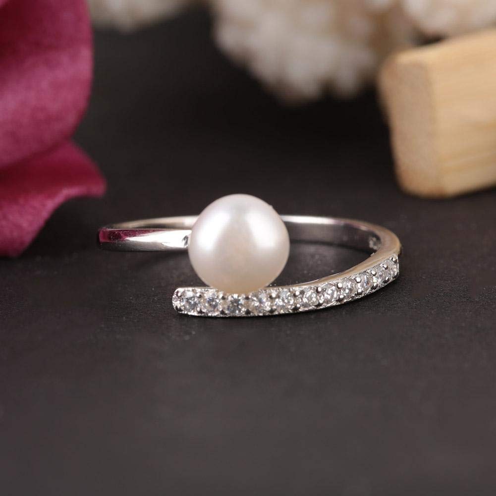Anillo de plata esterlina, anillo personalizado elegante con apertura ajustable para mujeres, diseño sencillo con Zircon y Faux Pearl, ideal para cumpleaños, compromiso o bodas (tamaño EE. UU. 7)