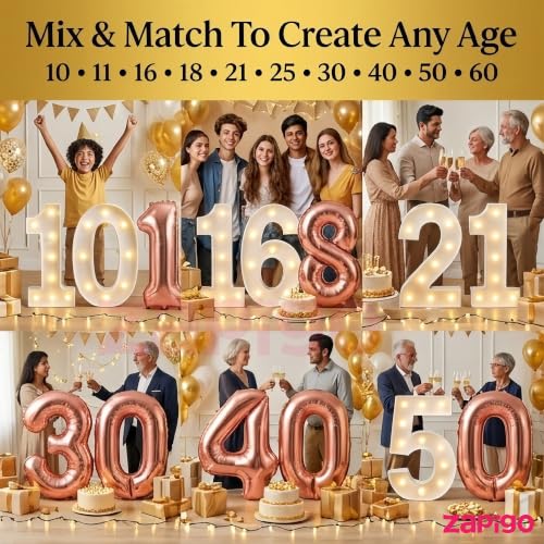 Image of Balloonistics Rose Gold 40-Inch Foil Number 60 Balloon with Matching LED Marquee Light - Combo Set for 60th Birthday, Anniversary, Party Decoration, Photo Booth Backdrop