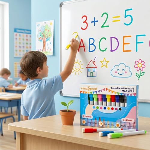 Image of Whiteboard Markers | 24 Pcs, 8 Colours | Fine Tip Dry Erase Marker Pen Set | Multi-Surface: Board, Glass & Ceramic | For School, Office & Home
