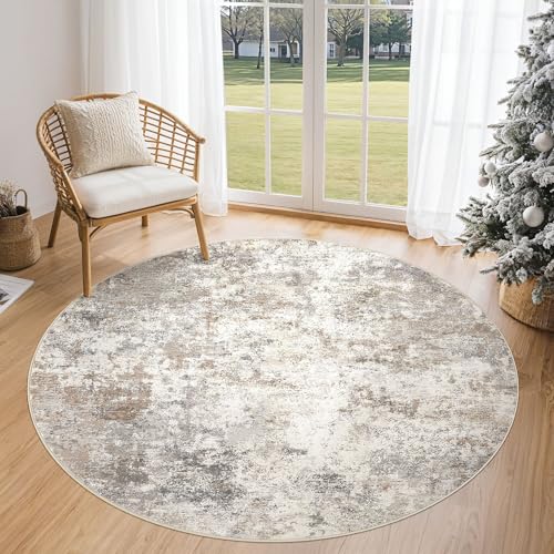 5ft Round Area Rug Living Room Rugs - 5x5 Washable Neutral Modern Abstract Soft Thin Rug Indoor Floor No Slip Rug Carpet for Bedroom Under Dining Table Home Office Decor - Brown Grey