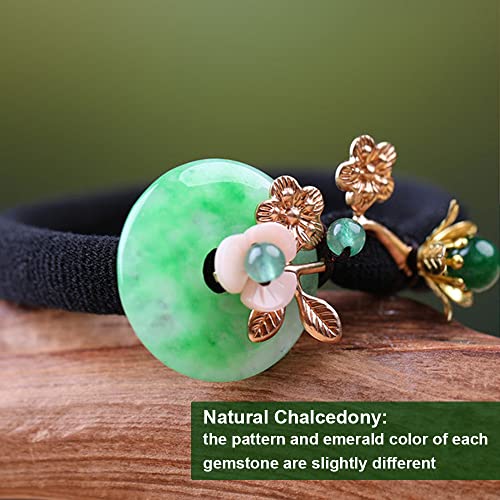 Vintage Chinese Natural Jade Gemstone Hair Tie, Retro Chinese Hair Accessories For Women, Flower Hair Elastic Rope, Emerald Pearl Ponytail Holder, Green Chalcedony Donut Jewelry For Chinese Traditional Dress #TOP1