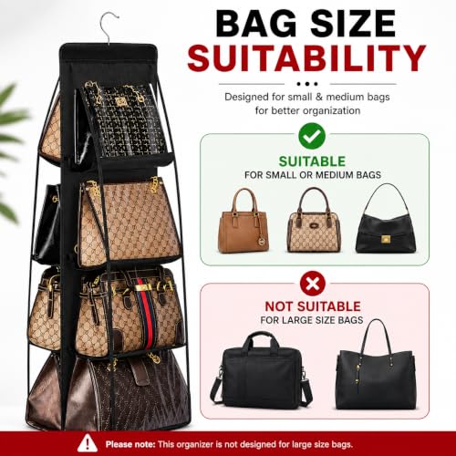 Image of Hanging Organiser, 8 Pocket Handbag Purse Organizer for Closet & Wardrobe, Foldable Washable Storage with Clear PVC Pockets, Black (110x35x35 cm)