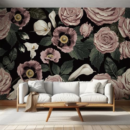 Papier peint floral noir et rose pour relooker un mur de salon