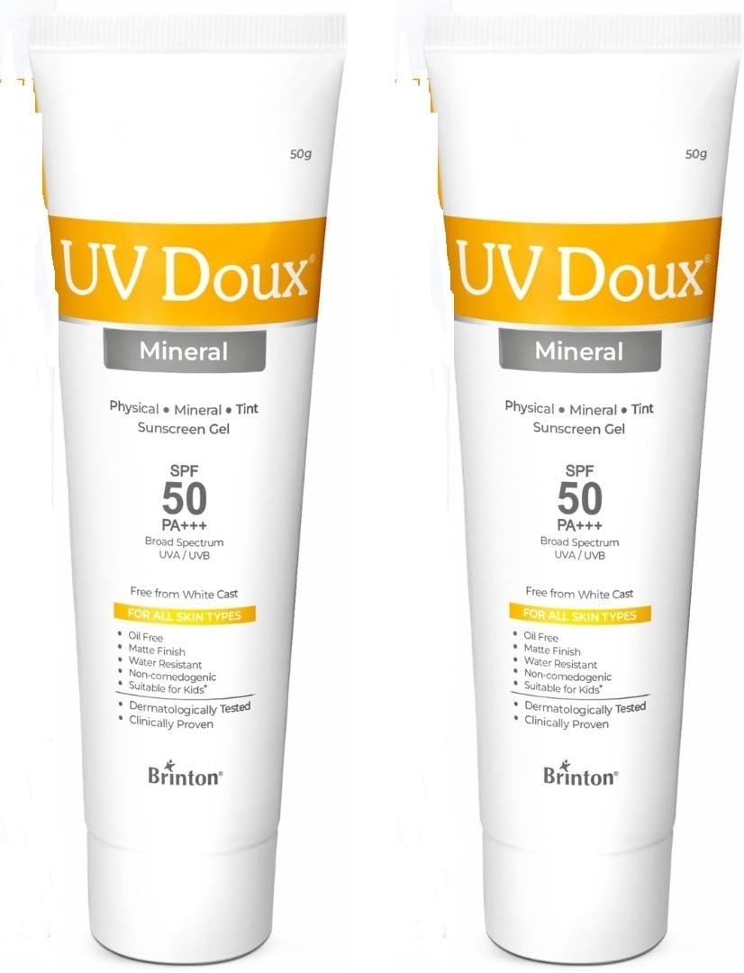 UV Doux Tinted Mineral Sunscreen SPF 50 PA+++ | 100% Mineral Broad Spectrum | Zinc & Iron Oxide | No White Cast | India’s No.1 Dermatologist Recommended Brand | For Sensitive Skin | 50 g (Pack of 2)