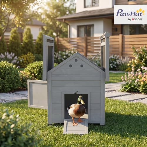 Image of PawHut Duck Coop, Wooden Duck House, Outdoor Small Animal House with Openable Roof, Double Doors, Removable Base for 1-3 Ducks, Chickens, Rabbits, Cats, Light Gray