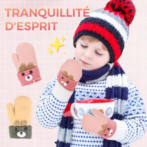 Solivive 2 Paires de Moufles Bébé Tricoté,Gant Enfant Chaud avec Cartoon Mignon Gloves, moufle bebe,Doublure en Fourrure et Corde Anti-Perte pour Enfants Garçons Filles 0-3 Ans – vue 4