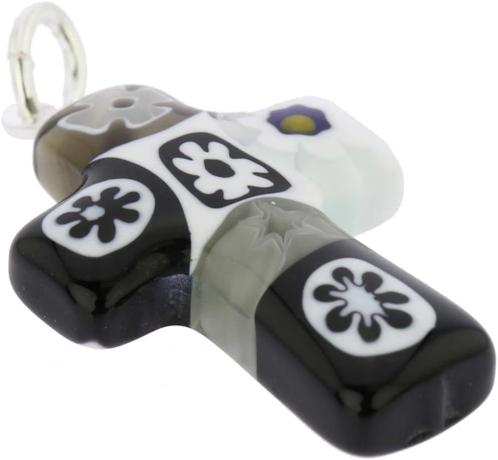 Glass Of Venice Murano Glass Black and White Millefiori Small Cross Pendant