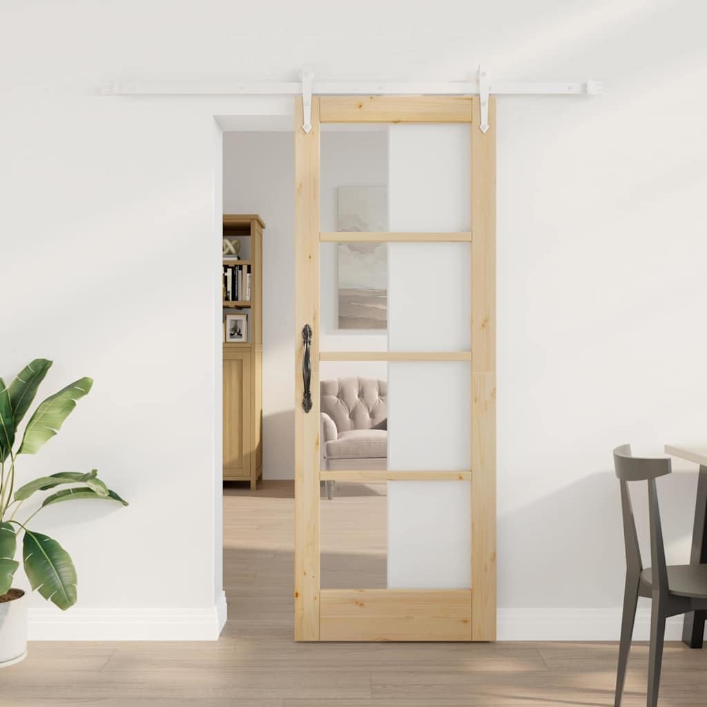 vidaXL Puerta Deslizante con Juego de Herrajes 73.5X198.5 cm Madera Maciza de Pino Interior Vidrio 'Orkdal'Rústica Doble Separador de Ambientes Closet Sala de Estar