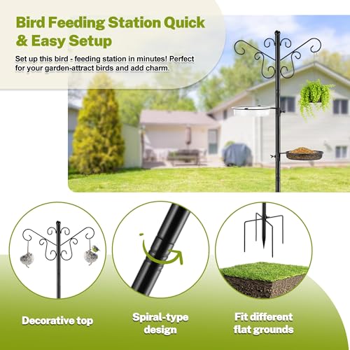 Bird Feeding Station,Heavy Duty Bird Feeder Pole with Upgraded Thickened Pole & 5-Prong Base,Hanging Hooks,Mesh Tray,Water Bowl w/Metal Snap Fastening,Wind-Resistant Wild Bird Feeding Kit for Outdoors - Image 5