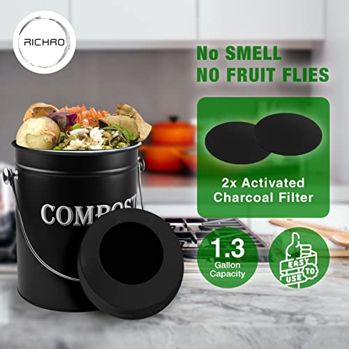 Compost Bin Kitchen 1.3 Gallon Smell Free Charcoal Filter Countertop Compost Bin With Lid - Stainless Steel Rust-Free Composting Bin For Kitchen Counter Compost Bucket Includes A Spare Filter (Black #TOP1