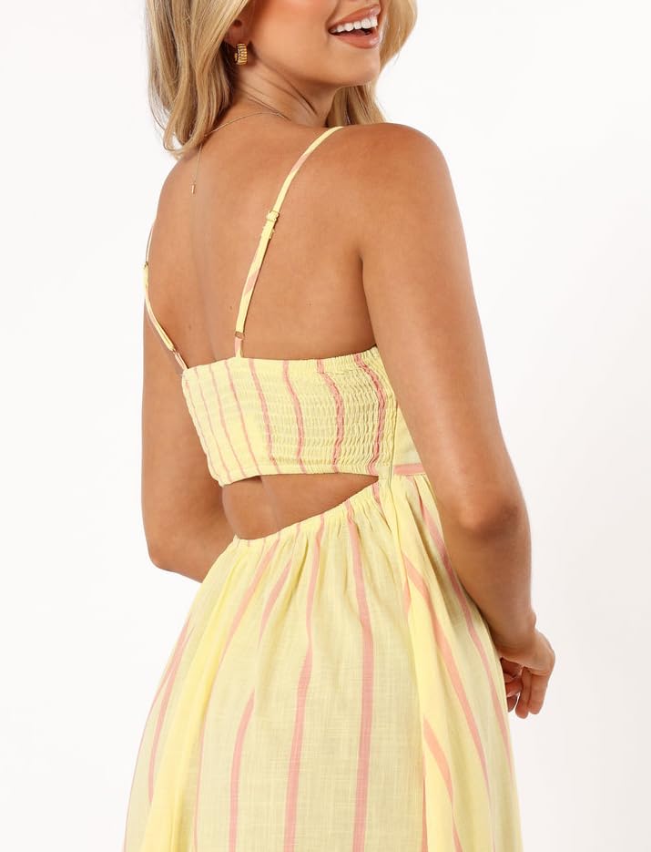 Image of Women Striped Maxi Dress Smocked Backless Spaghetti Strap Long Flowy Dress Sleeveless Boho Aline Sundress
