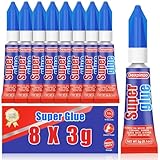 8 x 3g Super Glue Clear, Strong Adhesive Mini Superglue Fast Drying Cyanoacrylate Glue for Plastic Wood Metal Glass Fabric Rubber Leather Shoes Ceramic Jewelry Repair DIY Crafts