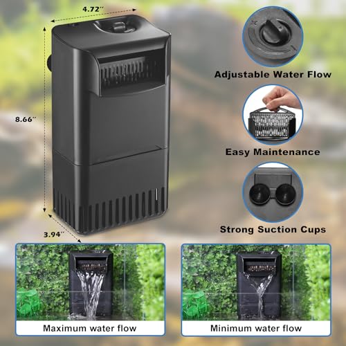 Tararium 222Gph 10W Turtle Tank Filter Aquarium Filter Power Adjustable 10-40 Gal. Small Internal Filter 3-Stage Waterfall Bio-Filtration Quiet Low Water Level For Freshwater Saltwater Fish Tank Easy To Clean thumb #3
