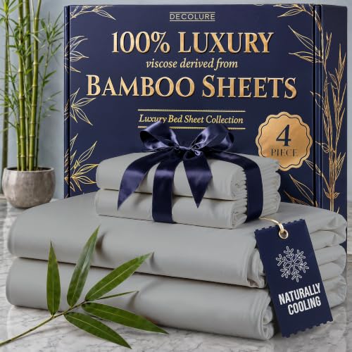 Image of DECOLURE 100% Viscose Derived from Bamboo Sheets California King Size - Luxury 4 Pc Naturally Cooling Sheets, Ultra Soft Bed Set - Deep 17 inch Pockets, Double Stitching, Oeko Tex Standard (Light Grey)