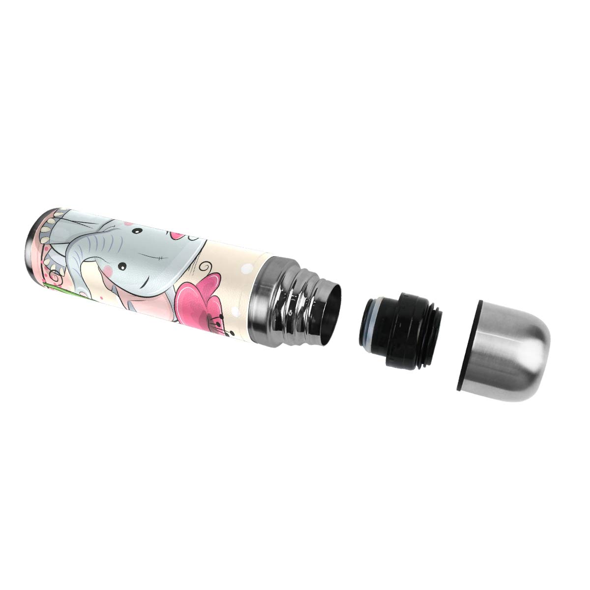 Thermosflasche, Vakuum-isoliert, Edelstahl, doppelwandig, auslaufsicher, Cartoon, niedlicher Elefant, Blume, personalisierbar, bedruckt, echtes Leder, 500 ml