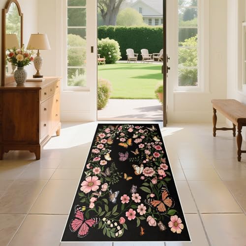Washable Rug 2'×6' - Washable Runner Living Room Rug Boho Black Small Rugs for Entryway Kitchen Door Mat Indoor Entrance 2'×6' Rugs Butterfly Mats