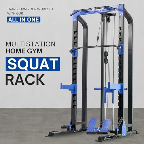 Image of BULLAR Power Squat Rack with Pull Up Bar, Heavy-Duty Adjustable Frame, Home Gym Training Equipment, Black and Blue