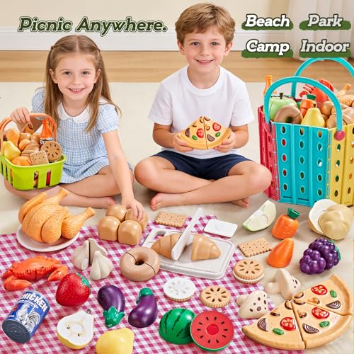 Image of 86Pc Wheat Straw Play Food for Kids Kitchen-Toy Food with 2 Baskets & Picnic Blanket, Realistic Cutting Pizza, Grocery Cans, Pretend Play Kitchen Accessories & Toddler Toys for Boys Girls 3+