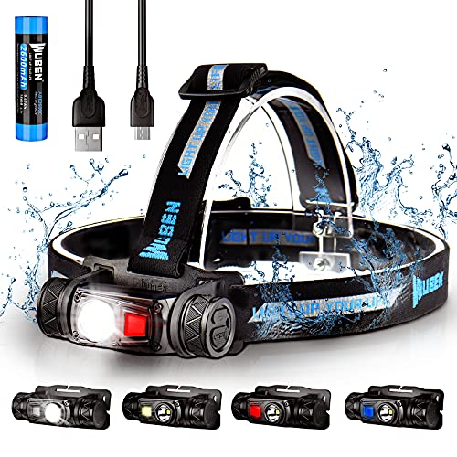 WUBEN Lampe Frontale Rechargeable USB Puissante, 2600mAH,1200 Lumen, 10 Modes D'éclairage Blanc et Rouge,Réglable pour Camping,Running,Lecture, Bricolage, Cyclisme,Pêche