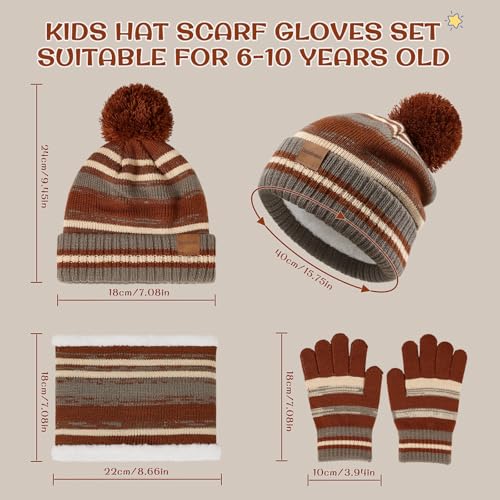 Image of Kids Winter Hat Gloves Scarf Set: Girls Boys Beanie Fleece Lined Ages 6-10