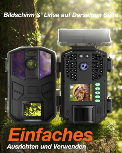 iZEEKER Solar Wildkamera 4K 64MP mit Handyübertragung App, WLAN & Bluetooth Wildtierkamera mit Bewegungsmelder Nachtsicht, Solar Tierkamera mit 5200mAh Akku, IP66, 0.1s Auslösezeit, inkl 32GB SD Karte