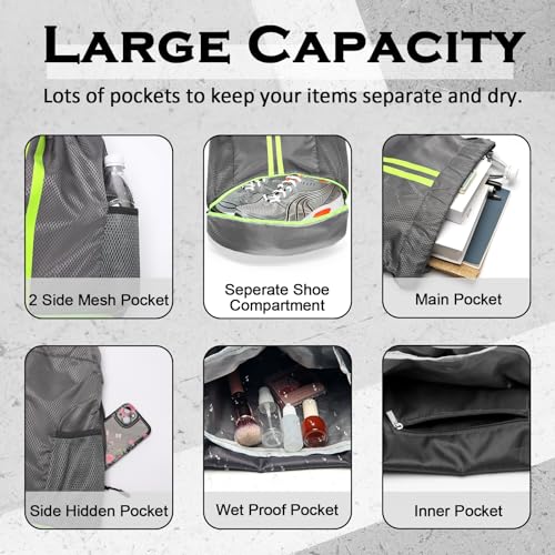 Sports Drawstring Backpack, Gym Bag for Men Women with Shoe Compartment, Waterproof Pocket, Drawstring Swim Bag4