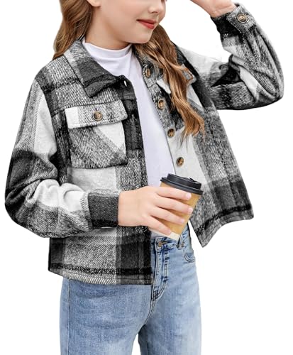 Arshiner Girls Flannel Plaid Cropped Shacket Fall Winter Jackets Black Casual Long Sleeve Fashion Coat 13-14Y