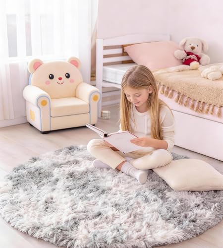 VOFUSHON Teppich Rund 100 cm Hellgrau Waschbar Rutschfester Hochflor Runder Teppich Kinderzimmer Weich Flauschig Rug