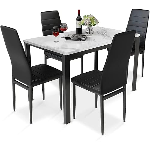 Recaceik Furniture 5 Piece Faux Dining Set, Modern Kitchen Table Marble Top and High Chairs for Breakfast Nook Small Spaces, White+Black