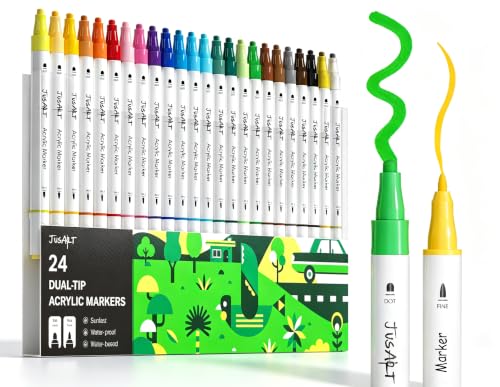 Image of JusArt Acrylic Paint Markers 24 Colors, Dual Tip Art Supplies for Rock | Acrylic Markers for Kids, Paint Pens for Wood Glass Fabric, School Supplies & Classroom Must Haves, Great Gift for Artists.