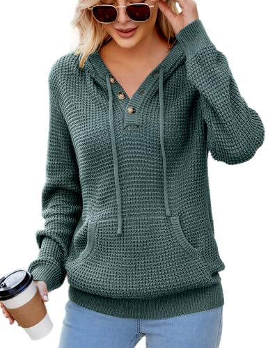 Image of CiCiBird Women's Fall Hoodies Sweater V Neck Waffle Knit Top with Pocket | Loose Fit, V Neck Button, Adjustable Drawstring, Long Sleeve, Kangaroo Pocket, Weekend Errands, Daily Wear, Work Casual