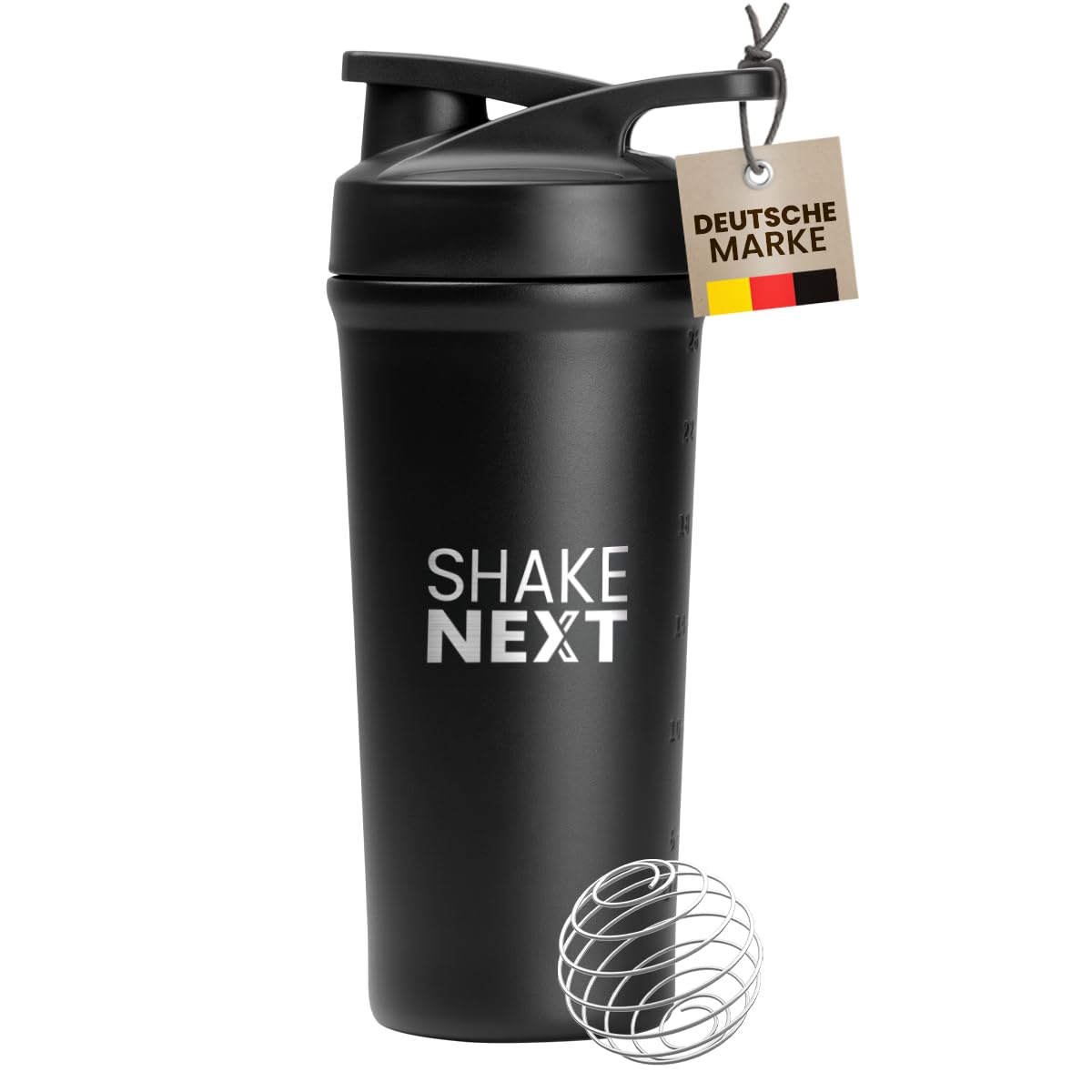 Edelstahl Shaker [NEUEINFÜHRUNG] - Trinkflasche mit Mixball 700ml, Fitness & Protein Shaker mit auslaufsicherem Druckverschluss, patentiertes Design (Schwarz)