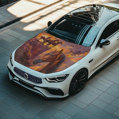 Image of Car Hood Cover for Compact Sedans SUV Trucks, 59x39 Inches Stretchable Horse Print Auto Hood Wraps Vehicles Banner Automotive Exterior Accessories