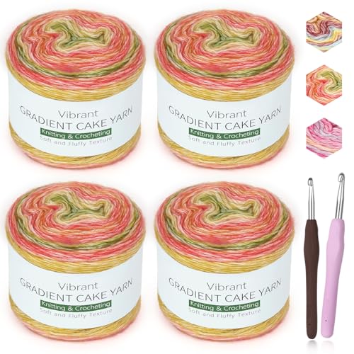 Image of Katech Ombre Yarn for Crocheting-Gradient Cake Yarn-4x100g 60% Cotton 30% Acrylic 10% Wool-Ombre Multicolor Soft Rainbow Cotton Crochet Yarn for Scarves, Shawls, Blankets and Garments(H)