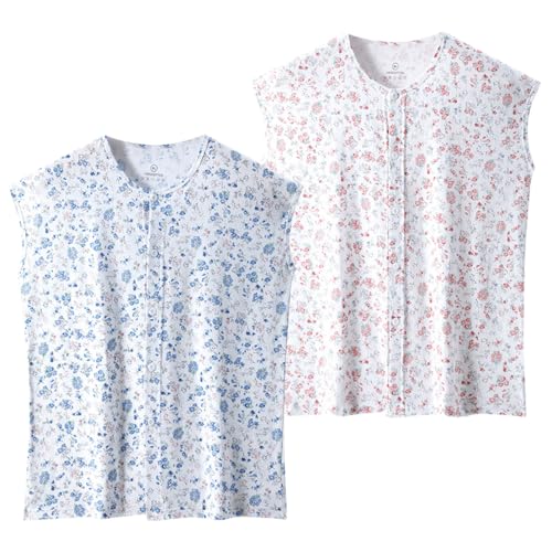 AOOPOO 2PCS Women's Cotton Shirt Vest, Summer Sleeveless T-Shirt Nightgown, Floral Round Neck Loose Basic Shirt Top for Middle-Aged and Elderly Women