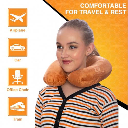 Image of CRAE Travel Neck Pillow for Men & Women | Soft Fibre Cushion for Flight, Car & Train | Soft Velvet Fabric with Attachable Snap Strap | Cervical Support for Neck Pain Relief.Pack of 1(Mustard Orng)