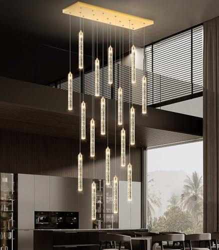 Image of Rectangular Chandeliers 17-Lights Long Light for Entryway LED Dimmable Chandeliers Lighting Fixture Flat Sloped High Ceiling Pendant Lights Crystal for Living Room Foyer Hallway Staircase Gold