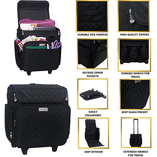 Everything Mary Rolling Craft Bag, Black Quilted - Papercraft Tote With Wheels For Scrapbook & Art Storage - Organizer Case For Iris Boxes, Supplies, And Accessories - For Teachers & Medical #TOP4