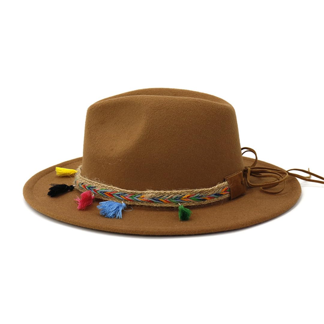 Wvapzxx Kobiety mężczyźni wełniany filcowy kapelusz fedora płaski szeroki daszek kapelusz kościelny kolorowa czapka z frędzlami