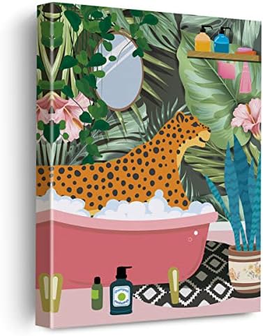 Leopard in Bathtub Canvas Poster Painting Bathroom Wall Art, Botanical Animal Picture Artwork Framed Print Ready to Hang for Restroom Toilet Wall Decor 12 x 15 inch