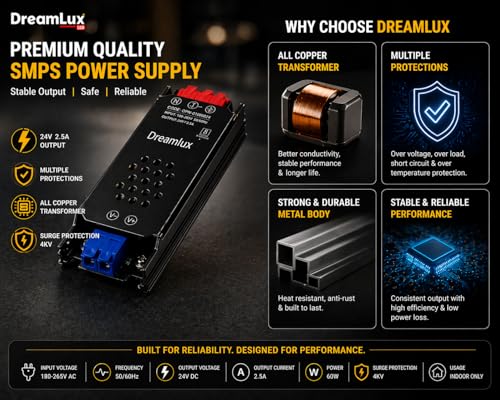 Image of Dreamlux 60W 24V 2.5A SMPS Power Supply | AC to DC Converter 180-265V Input | Industrial Grade Switching Power Supply with 4kV Surge Protection | Ovp,SCP,Otp | Made in India (1)