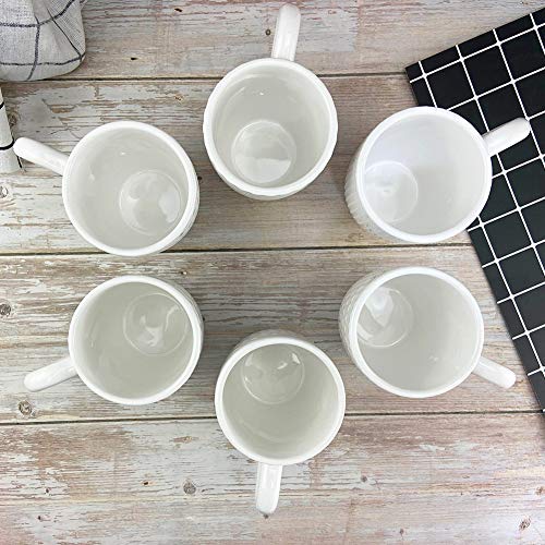 Schliersee White Ceramic Coffee Mugs set of 6, Stylish Embossed Coffee Cups Set with Different Patterns, for Coffee, Tea, Milk, Cocoa, Cereal (13.5 Ounce)