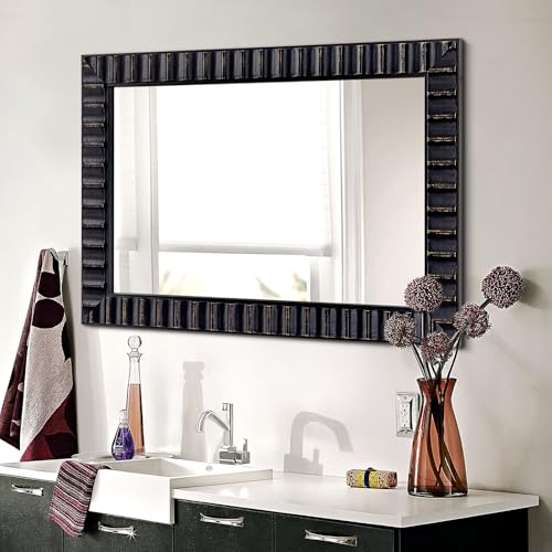 Image of Modern Wooden Black Bathroom Mirror, 37 inchx25 inch Mirror Wall Decor, Rectangular Relief Frame, Tempered Glass, Vintage Farmhouse Style for Living Room /Entryway /Bedroom