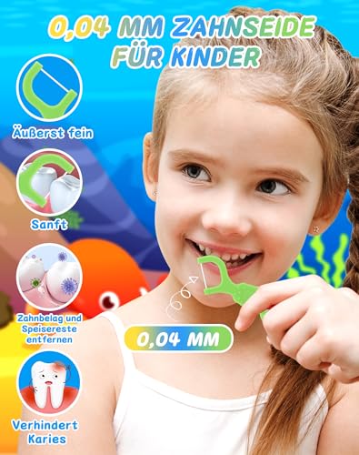 NETONDA 128 Stück Zahnseide Kinder Dental Floss für engen Zahnzwischenräume Zahnseide Sticks mit 4 bunte Griffe in Form von Meerestieren Flossers Kids - Fluorfrei, wachsfrei, rutschhemmend(4X32Stk) – Bild 5