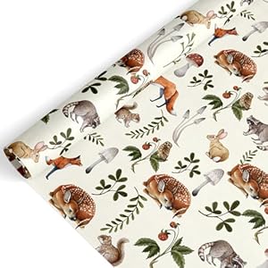 FYSUIMU Woodland Theme Wrapping Paper -Mini Roll- 17 Inch x 32.8 Ft Vintage Forest Animal Mushroom Gift Wrap Paper Art Paper for Birthday Baby Shower DIY Craft
