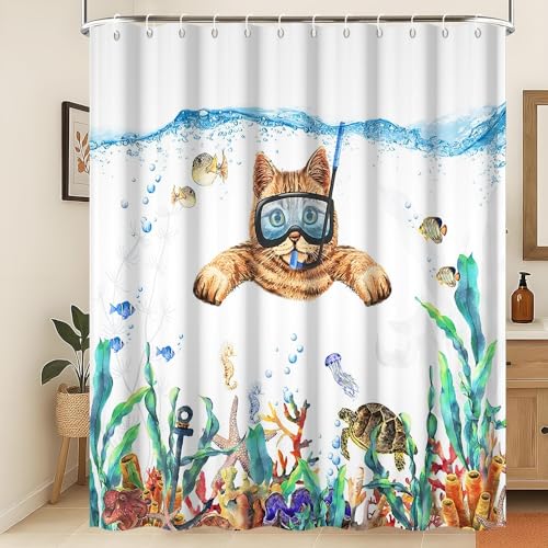 Xiaoterna Cortina de Baño Océano con Vida Marina del Mar Profundo - Gato Buceador, Peces Tropicales, Tortuga - Tejido Impermeable Lavable a máquina 105x160cm