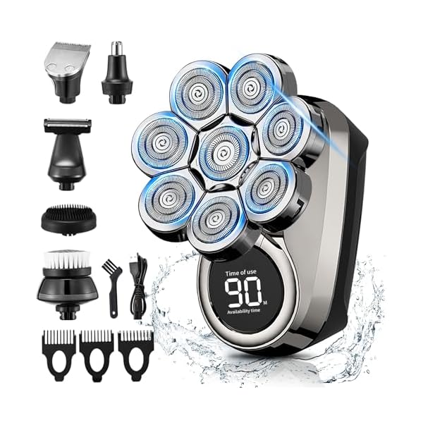 ETENTOUS Glatzen Rasierer Herren 6 in 1 Glatzen Rasierer 8 Rotierende Kopfrasierer Glatze, Wasserdichtes Nass und Trocken Rasierer,Glatzenrasierer mit LCD und Pflege Kit