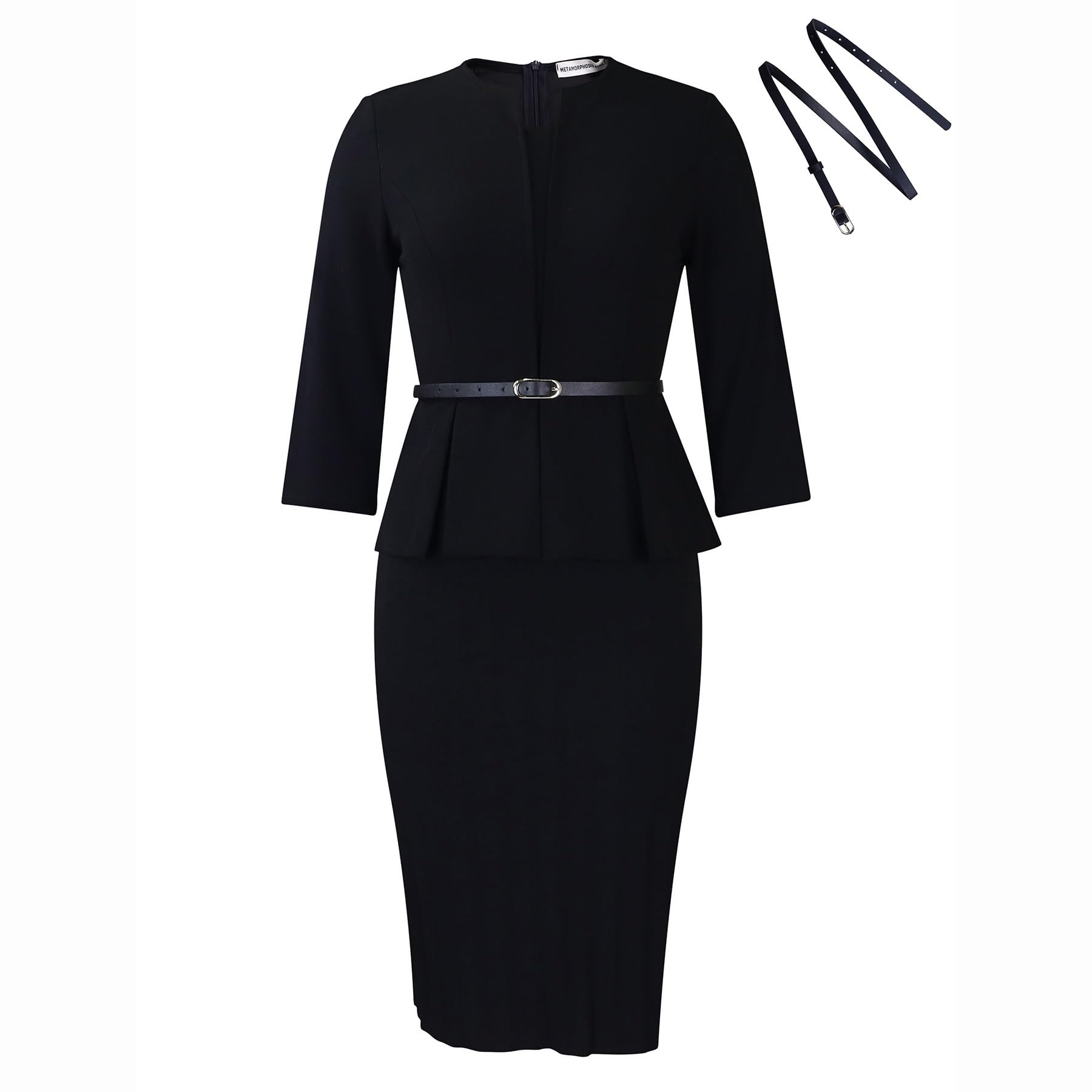 Abito A Tubino Vintage Da Donna Con Peplo E Vita A Balze, Da Ufficio Abito Midi Aderente Con Scollo Rotondo, Maniche A 3/4 E Cintura