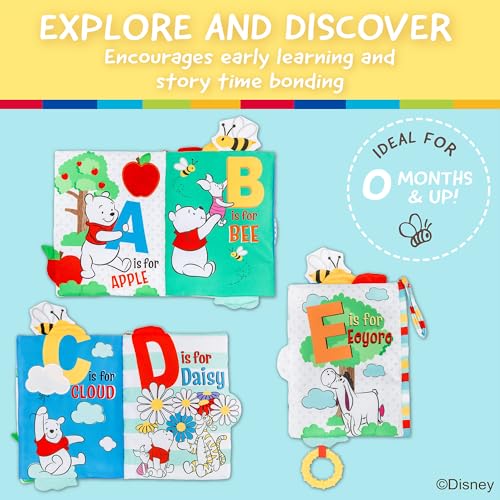 Image of Kids Preferred Disney Baby Winnie The Pooh Deluxe Soft Book Abc's with Pooh On-The-Go Sensory Books for Babies with Crinkle Pages and BPA Free Teether