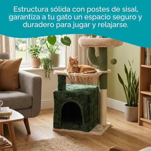 Rascador con caseta Aqpet de sisal y tela beige y verde de 75 cm para gatos 8